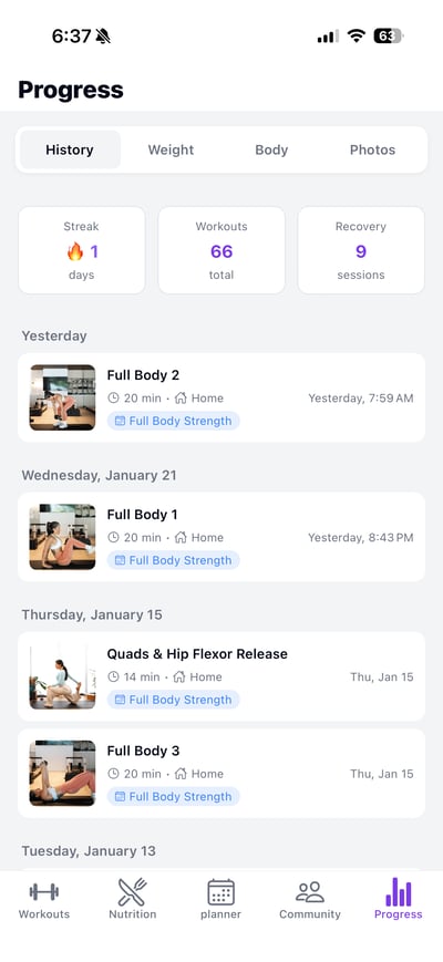 Strong Curves app progress tracker showing workout history, streak tracking, and fitness milestones for women