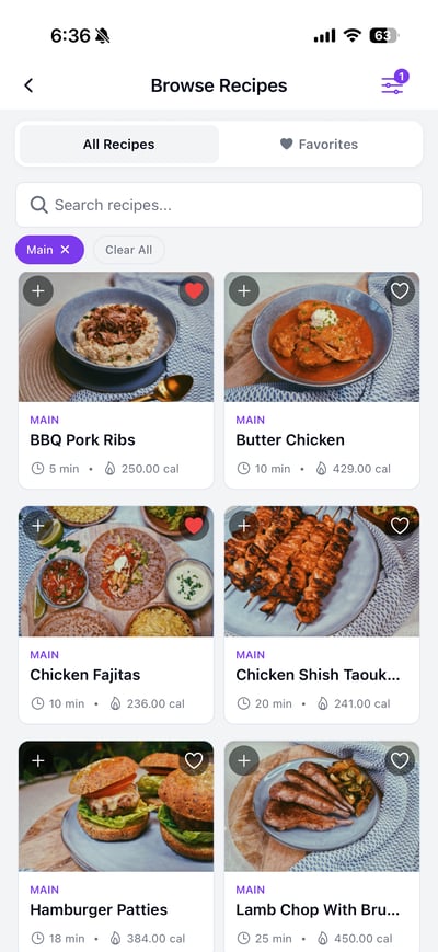 Strong Curves app recipe browser showing healthy meal options with calorie counts for women's fitness nutrition