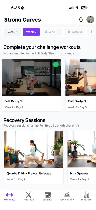 Strong Curves app workout programs screen showing strength training challenges and recovery sessions for women